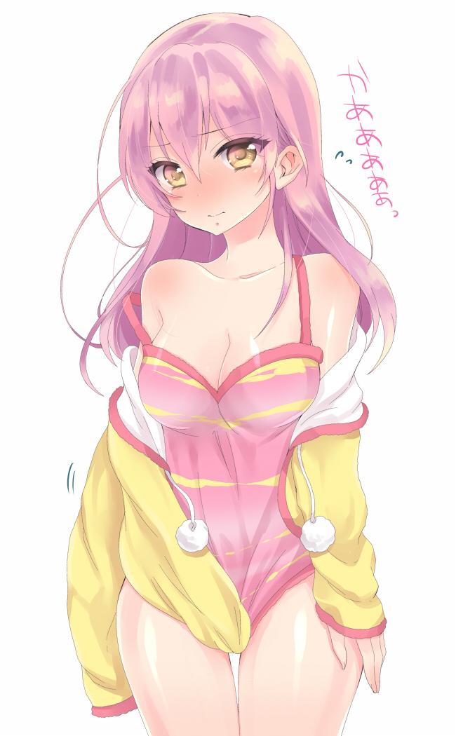 1girl, blush, breasts, hair_down, idolmaster, idolmaster_cinderella_girls, jougasaki_mika, looking_at_viewer, ohlala, pink_hair, simple_background, solo, yellow_eyes