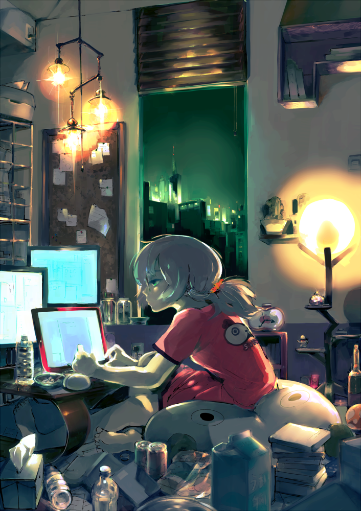 1girl, bare_legs, bottle, building, cactus, can, carton, city