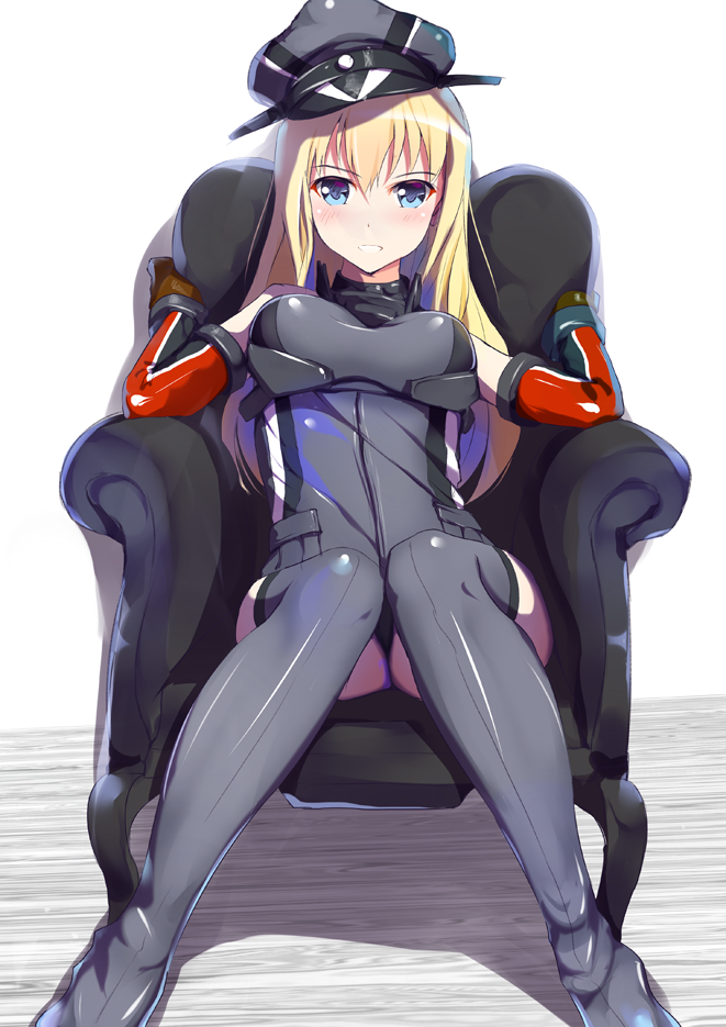 1girl, armchair, bismarck_(kantai_collection), blonde_hair, blue_eyes, blush, breasts, chair