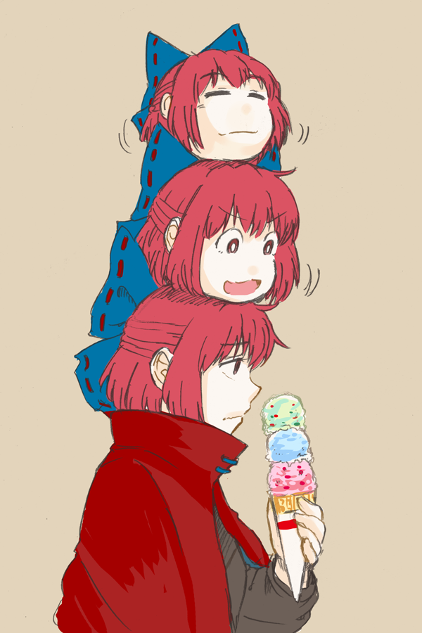 1girl, brown_hair, cape, closed_eyes, disembodied_head, food, hair_ornament, hair_ribbon