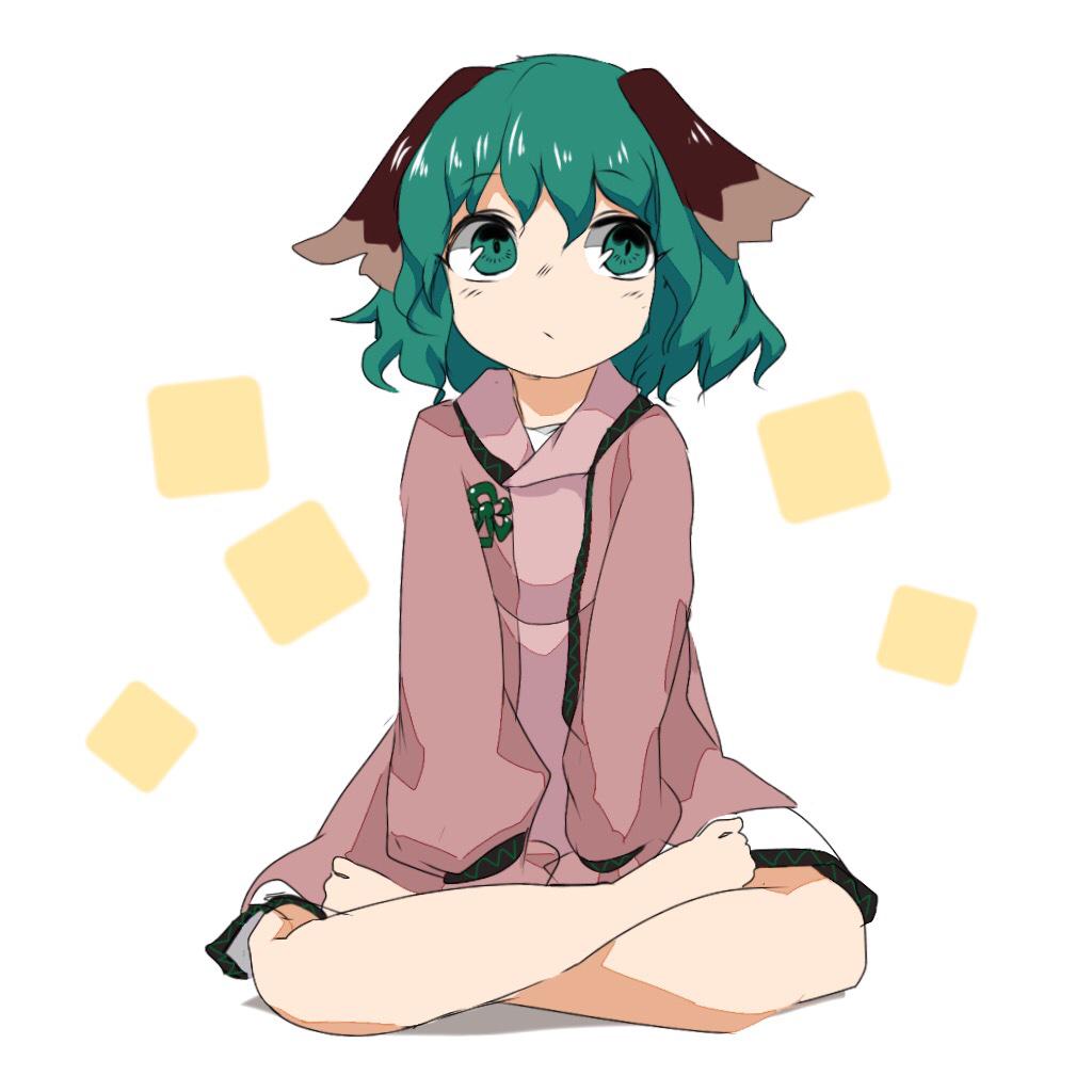 1girl, ameyu, animal_ears, dog_ears, dress_shirt, green_eyes, green_hair, indian_style