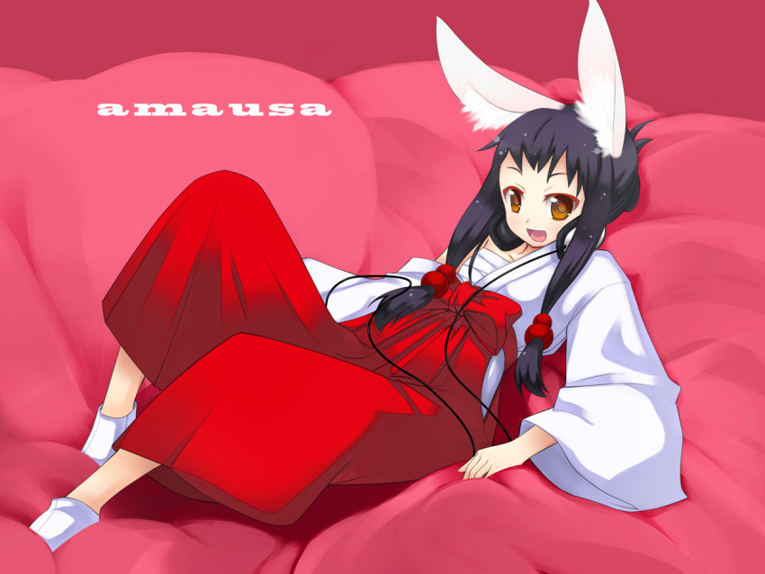 amausa, animal_ears, bunny_ears, headphones, headphones_around_neck, japanese_clothes, miko, rabbit_ears, sarashi, tabi, tamausagi