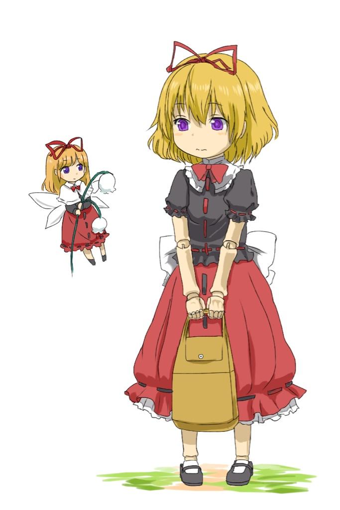 2girls, ameyu, blonde_hair, doll_joints, fairy, flower, frilled_skirt, frills