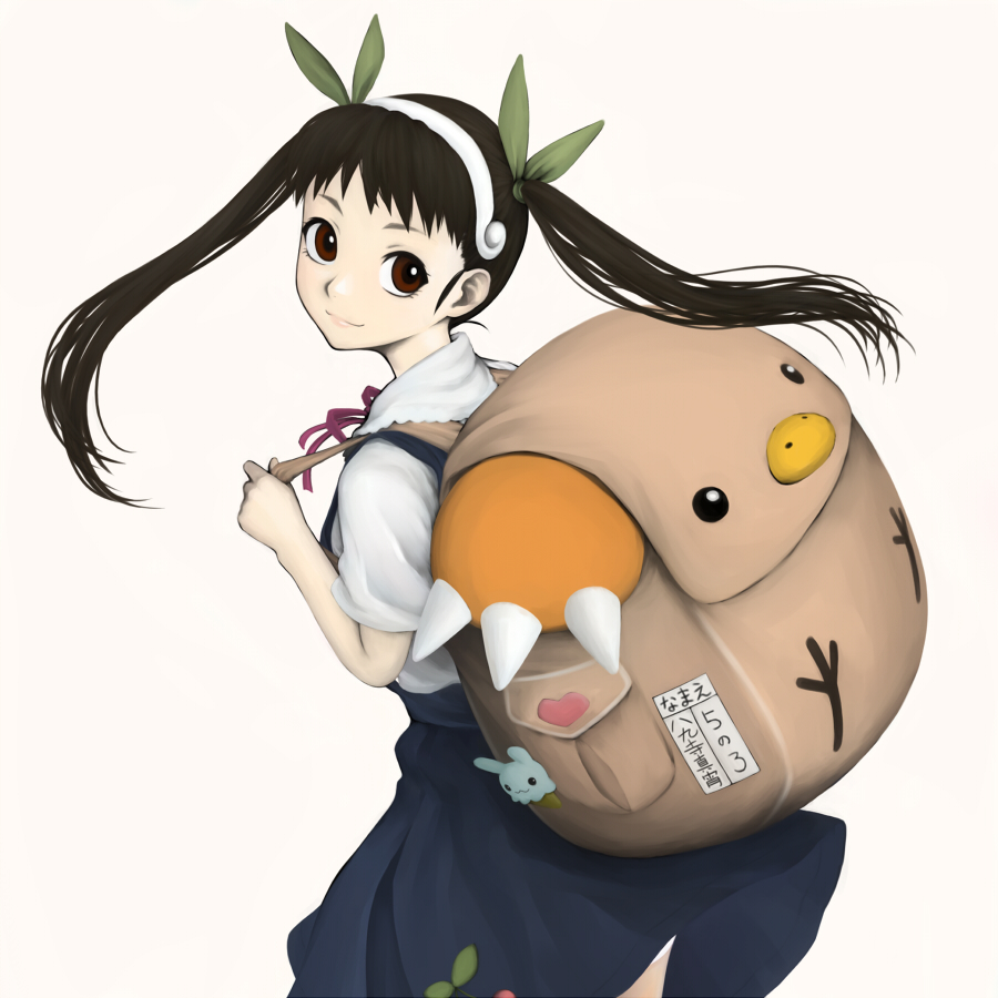 bag, bakemonogatari, black_hair, brown_eyes, bunny, hachikuji_mayoi, hair_ribbon, hairband, long_hair, monogatari_(series), rabbit, ribbon, school_uniform, siv-kuroino_(pixiv), siv_(kuroino), skirt, twintails