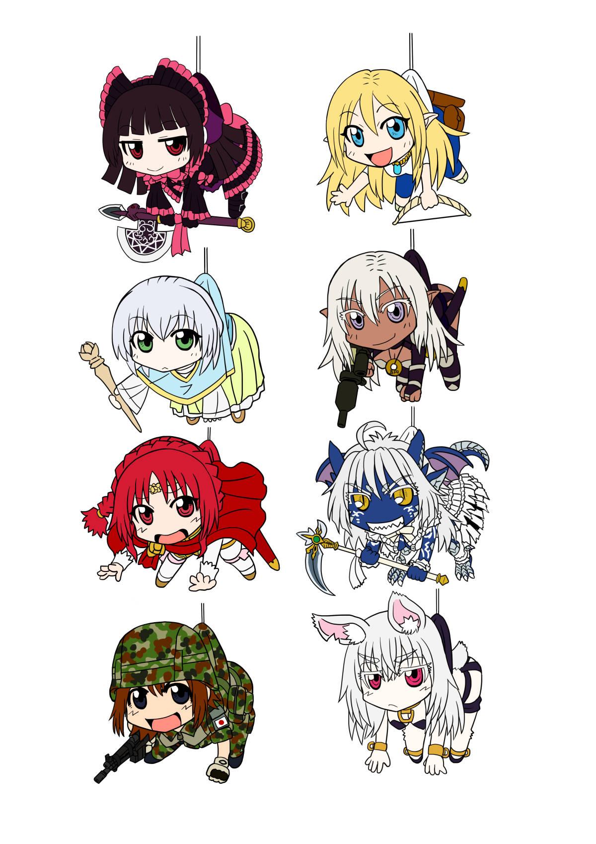 6+girls, :d, ahoge, animal_ears, battle_rifle, black_hair, blonde_hair, blue_eyes