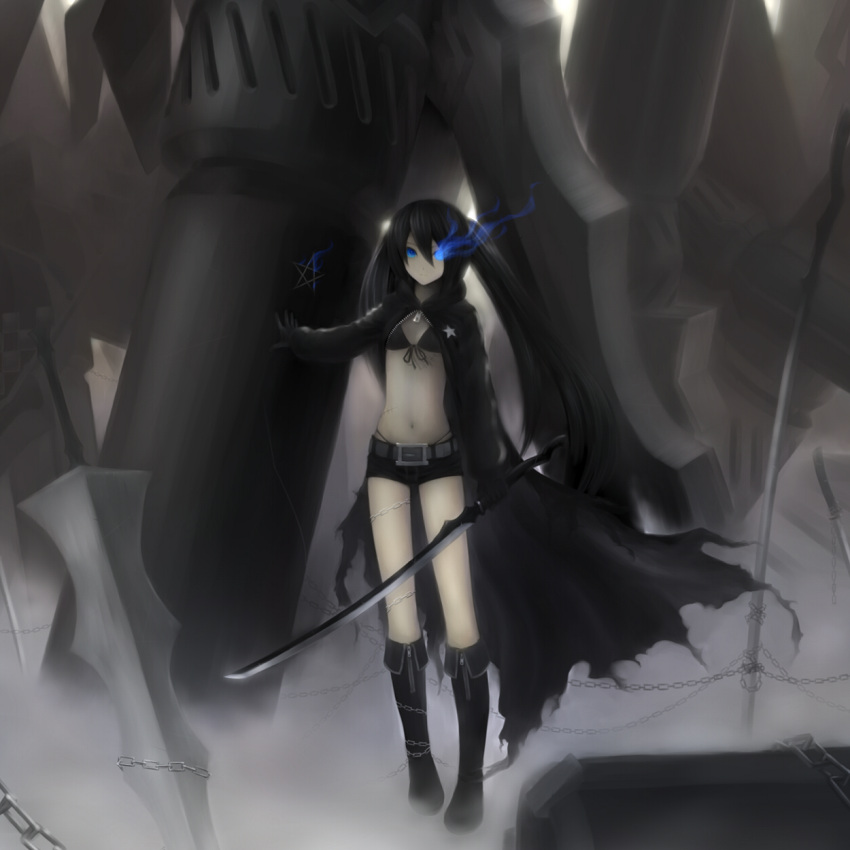 bikini_top, black_hair, black_rock_shooter, black_rock_shooter_(character), blue_eyes, boots, chain, chains