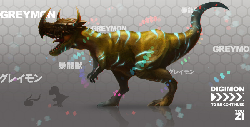 absurdres, agumon, claws, digimon, greymon, highres, honeycomb_background, horns