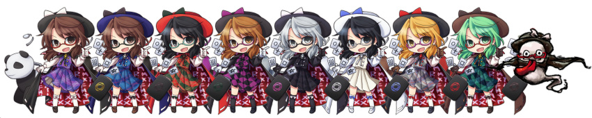 1girl, :d, alternate_color, aqua-framed_glasses, black-framed_glasses, black_hair, blonde_hair, brown_eyes