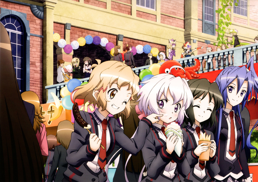 4boys, 6+girls, :d, ^_^, absurdres, ahoge, akatsuki_kirika, andou_kuriyo, animal_ears, balloon, bespectacled, blush, cat_ears, cat_tail, character_request, cheek_poking, chocolate_banana, closed_eyes, cosplay, costume, crepe, eating, festival, food, food_on_face, glasses, grin, highres, itaba_yumi, kazanari_tsubasa, kohinata_miku, long_hair, multiple_boys, multiple_girls, necktie, newtype, octopus, official_art, one_eye_closed, open_mouth, pointing, poking, railing, sakamoto_shunta, school_uniform, senki_zesshou_symphogear, short_hair, smile, tachibana_hibiki_(symphogear), tail, terashima_shiori, tsukuyomi_shirabe, yukine_chris