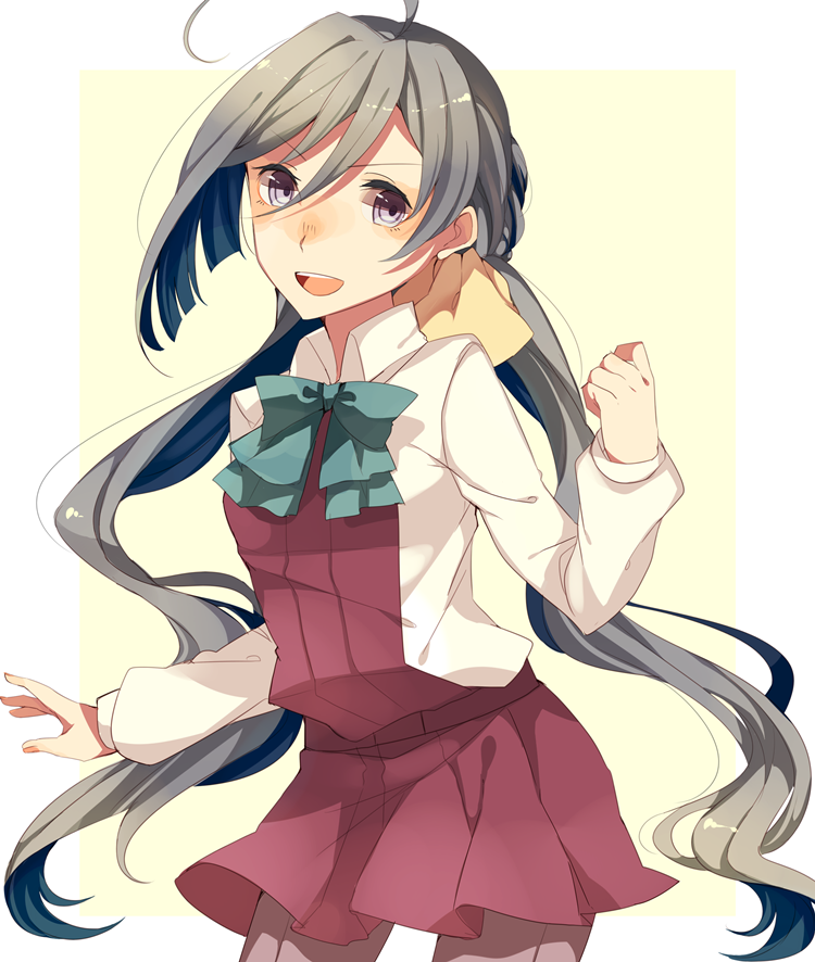 1girl, ahoge, bowtie, grey_eyes, grey_hair, hair_ribbon, kantai_collection, kiyoshimo_(kantai_collection)