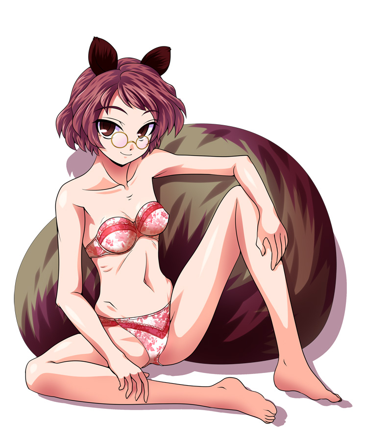 1girl, animal_ears, bra, brown_eyes, brown_hair, fue_(fuef), futatsuiwa_mamizou, glasses