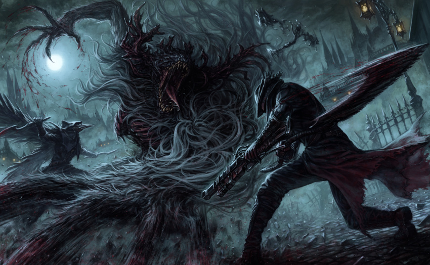 battle, blood, bloodborne, bloody_clothes, bloody_weapon, boots, capelet, cleric_beast