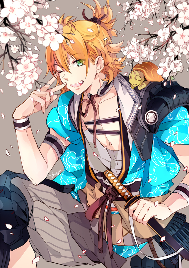 1boy, animal_on_shoulder, cherry_blossoms, green_eyes, japanese_clothes, kamekichi, one_eye_closed, open_mouth