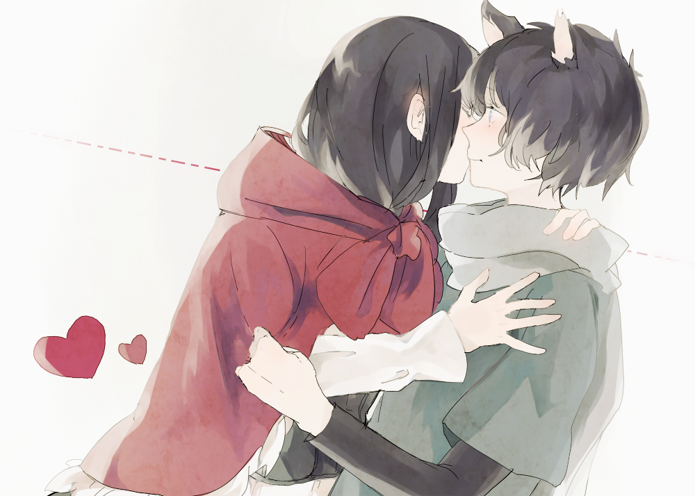 1boy, 1girl, animal_ears, big_bad_wolf_(grimm), black_hair, c4991, heart, hetero