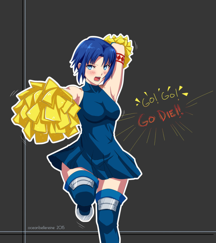 1girl, arm_up, armpits, bare_shoulders, blue_eyes, blue_hair, blue_legwear, blush, boots, breasts, cheering, cheerleader, ciel, dress, english, highres, looking_at_viewer, oceanbellereine, open_mouth, pom_poms, skirt, solo, tattoo, thigh-highs, tsukihime, zettai_ryouiki