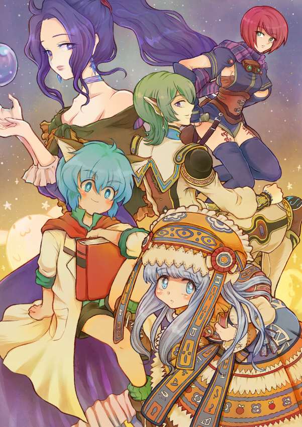 2boys, 3girls, animal_ears, black_hair, black_legwear, blue_eyes, book, cat_ears