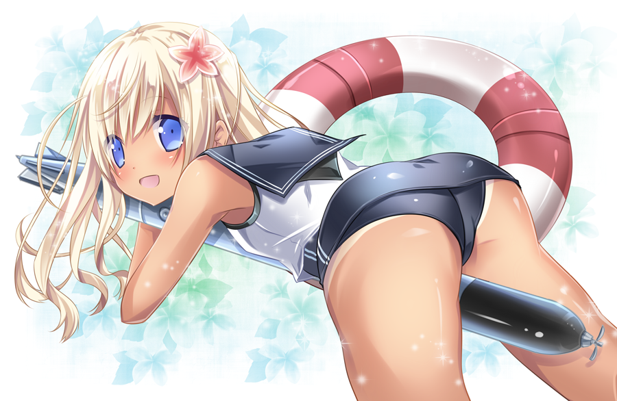:d, blonde_hair, blue_eyes, dark_skin, flower, innertube, kantai_collection, kurun_(kurun777)