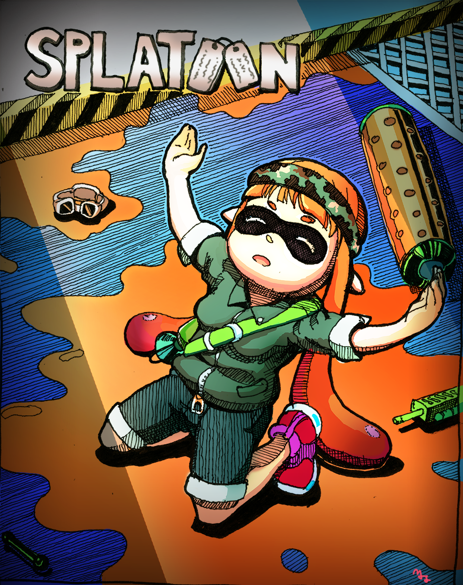 1girl, arms_up, artist_request, eyes_closed, goggles, headband, highres, inkling, long_hair, mask, orange_hair, paint_roller, paint_splatter, parody, platoon, pointy_ears, shorts, solo, splatoon, super_soaker, tentacle_hair, twintails