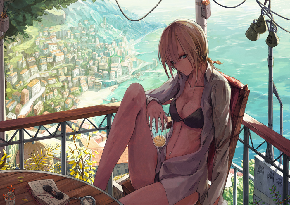 1girl, balcony, bikini, blonde_hair, blue_eyes, chair, jacket, looking_at_viewer, open_clothes, open_shirt, original, scenery, shirt, short_hair, sitting, smile, swimsuit, table, toufu_koubou