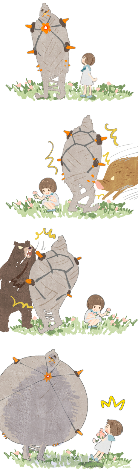 1boy, 1girl, 4koma, ariorihaberi, bear, boar, comic, flower, gamagoori_ira, highres, kill_la_kill, mankanshoku_mako, shackle_regalia, surprised