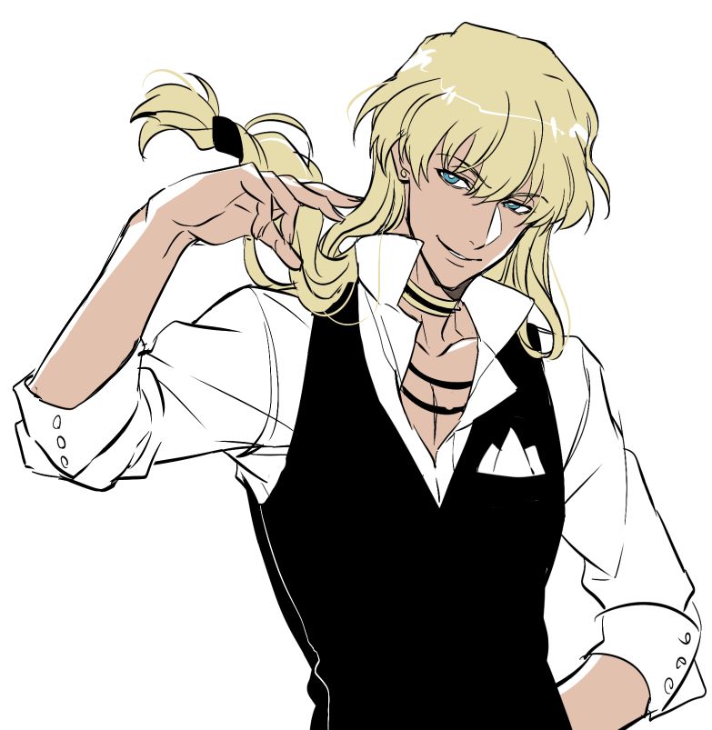 1boy, atram_galiast, blonde_hair, blue_eyes, dark_skin, fate/stay_night, fate_(series), long_hair, low-tied_long_hair, solo, vest, waistcoat