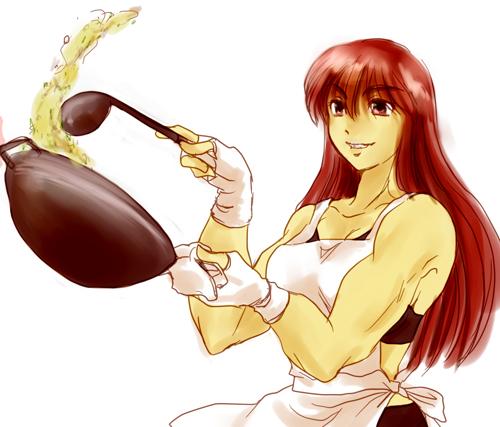 1girl, cooking, destro_246, ise, kitchen, long_hair, lowres, muscle, red_eyes, redhead, sakura_nanten