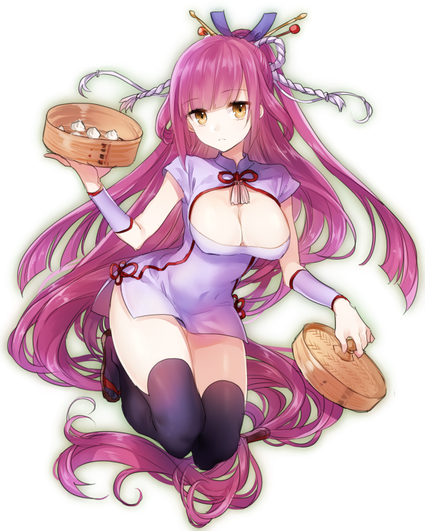 1girl, absurdly_long_hair, azusa_(sarie303030), bamboo_steamer, bangs, black_legwear, blunt_bangs, breasts
