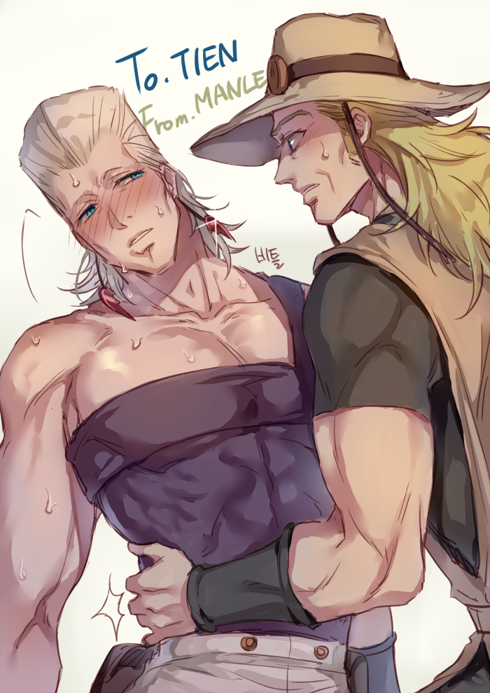 2boys, blonde_hair, blue_eyes, blush, cowboy_hat, grey_hair, hat, hol_horse