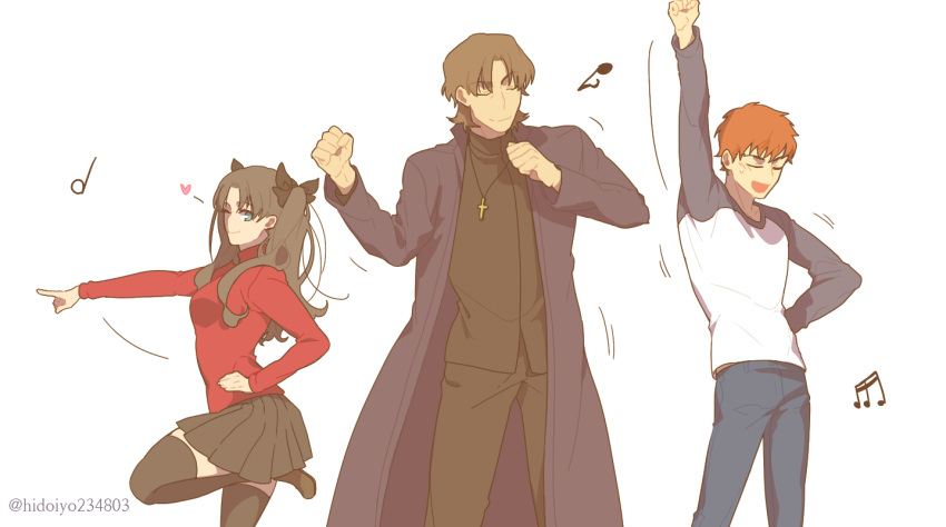1girl, 2boys, brown_hair, dancing, emiya_shirou, fate/stay_night, fate_(series), kotomine_kirei