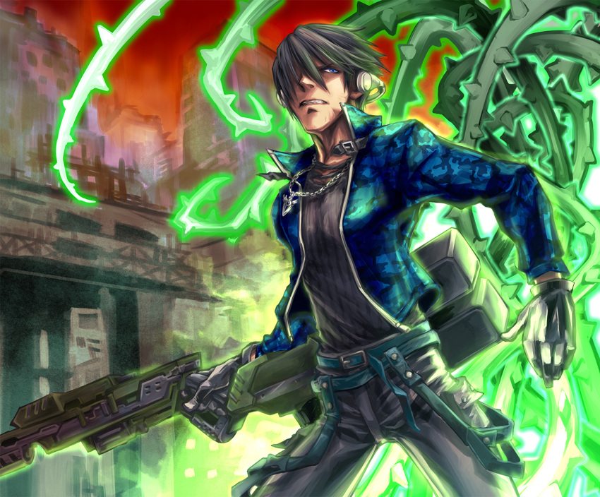 1boy, belt, blue_eyes, brown_hair, camouflage, freedom_wars, gloves, gun