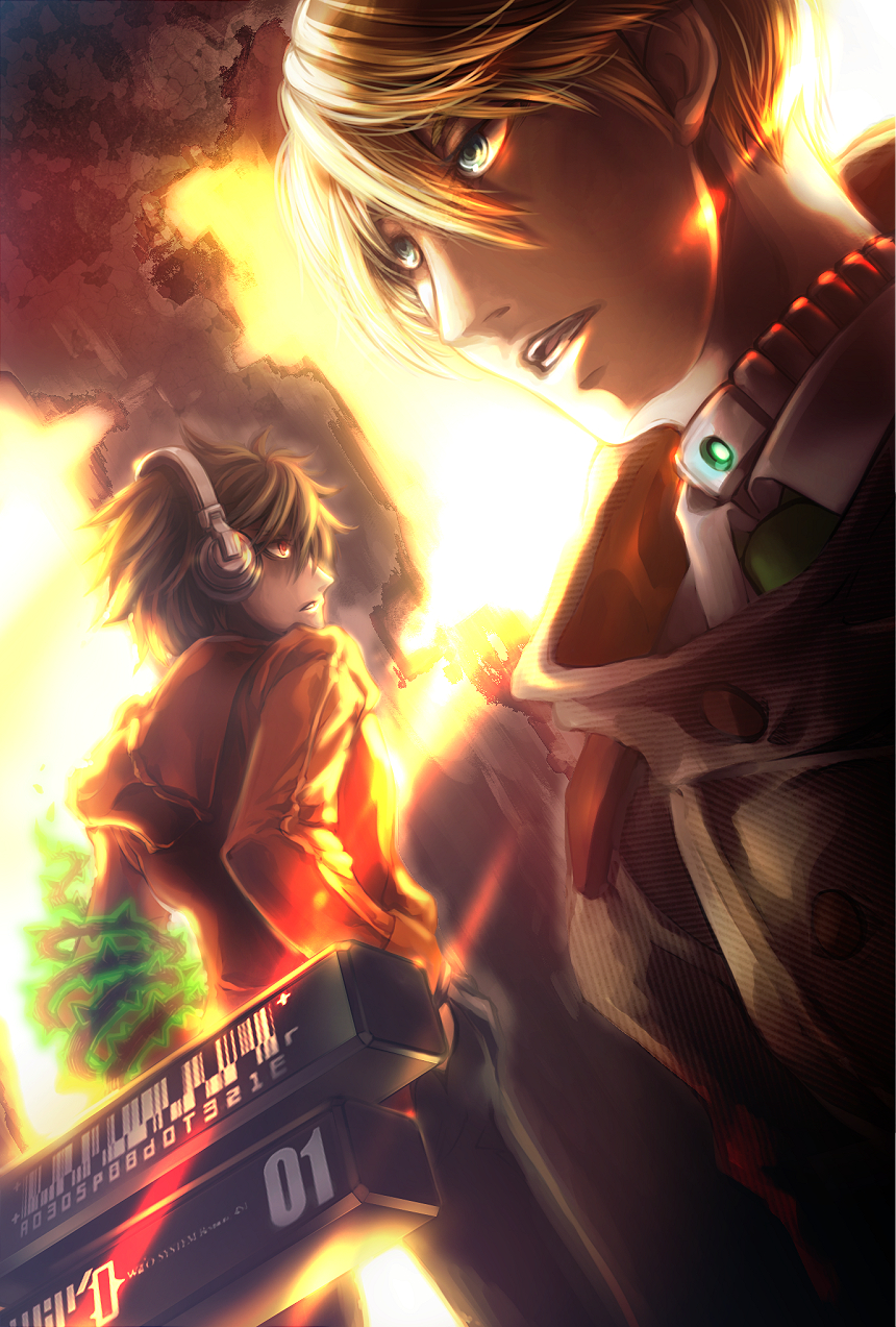 2boys, accessory_(freedom_wars), blonde_hair, brown_hair, collar, collared_shirt, freedom_wars, green_eyes