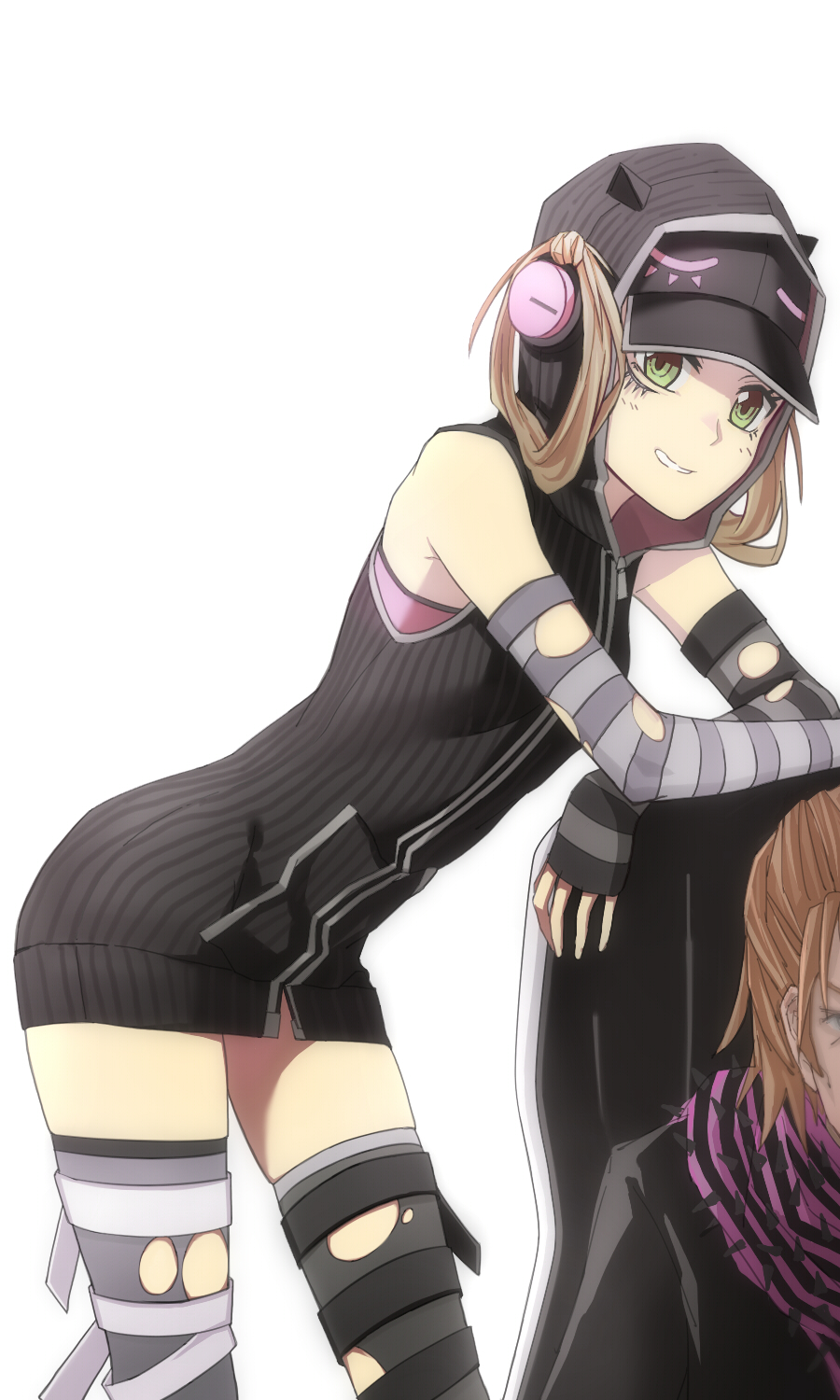 1boy, 1girl, aries_m_(freedom_wars), blonde_hair, freedom_wars, headphones, highres, hooded_jacket