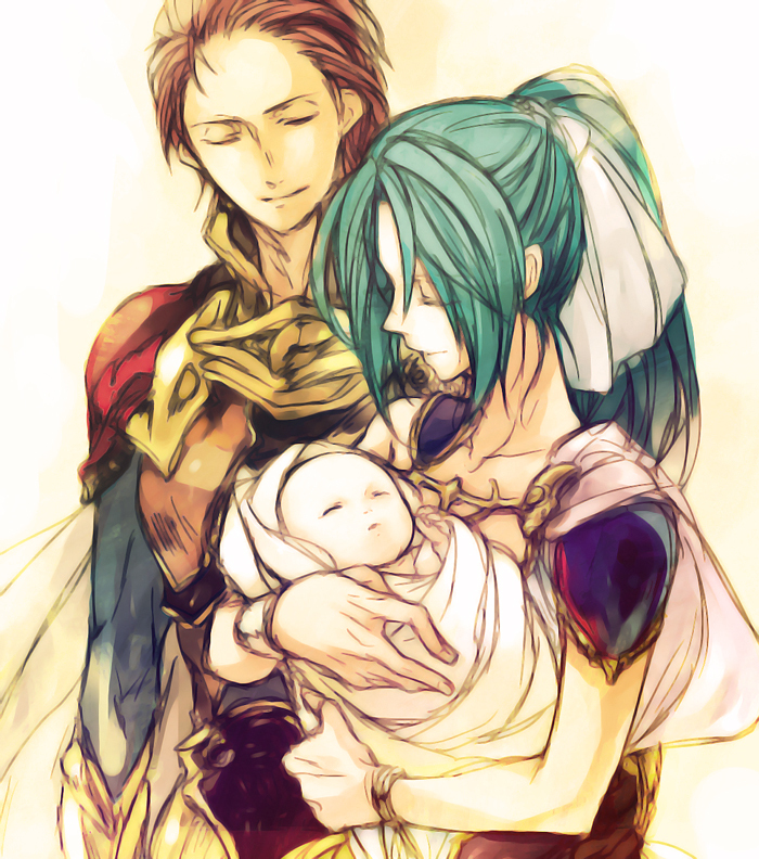 1boy, 1girl, armor, baby, cape, closed_eyes, estpolis_denki, estpolis_denki_ii, family, green_hair, hair_ribbon, high_ponytail, holding, light_smile, maka_(morphine), maxim_(estpolis_denki), redhead, ribbon, selan, white_ribbon