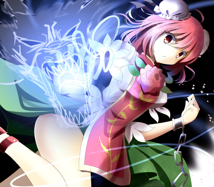 1girl, bandages, bun_cover, chain, cuffs, double_bun, dutch_angle, flower