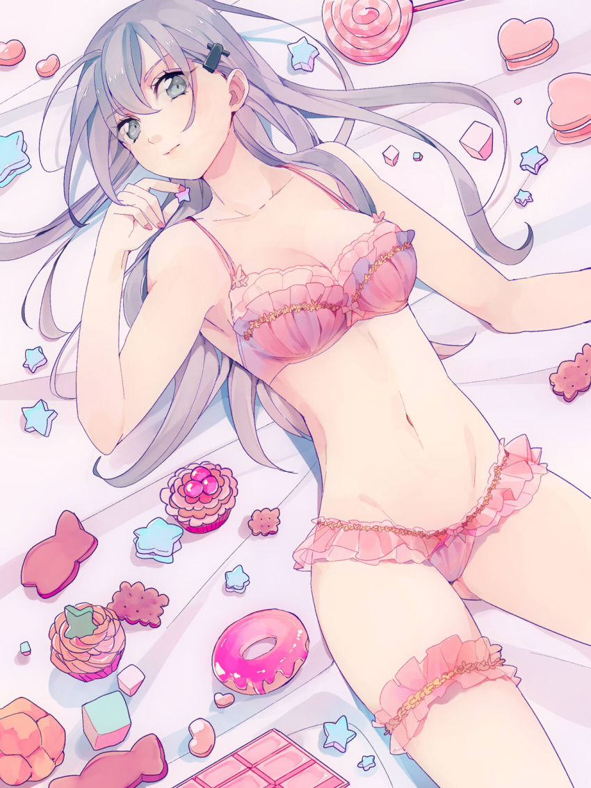 1girl, aqua_eyes, aqua_hair, bra, candy, hair_ornament, hairclip, highres