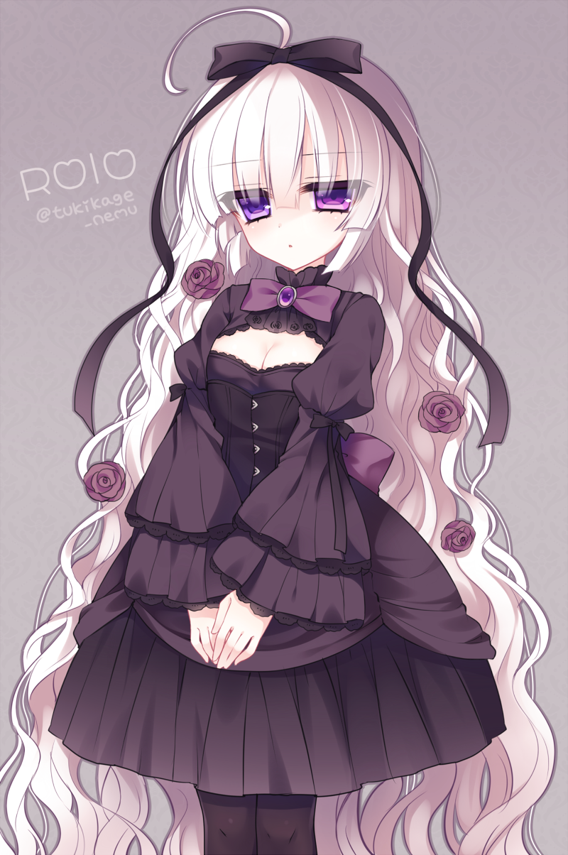1girl, ahoge, bow, breasts, cleavage, cleavage_cutout, dress, flower, gothic_lolita, hair_bow, hair_flower, hair_ornament, hair_ribbon, heterochromia, highres, lolita_fashion, long_hair, original, pantyhose, pink_eyes, ribbon, rolo_noir, rose, solo, standing, tsukikage_nemu, very_long_hair, violet_eyes, white_hair