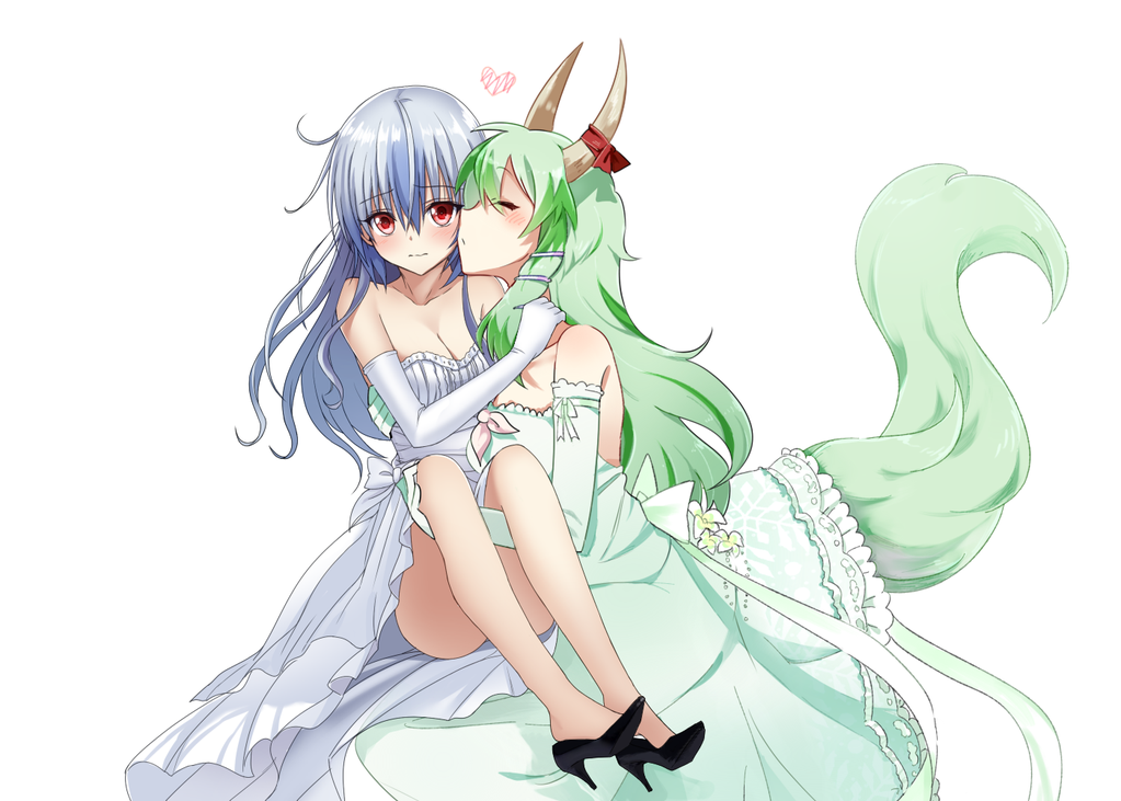 2girls, alternate_costume, ass, bare_shoulders, blue_hair, blush, bow, closed_eyes