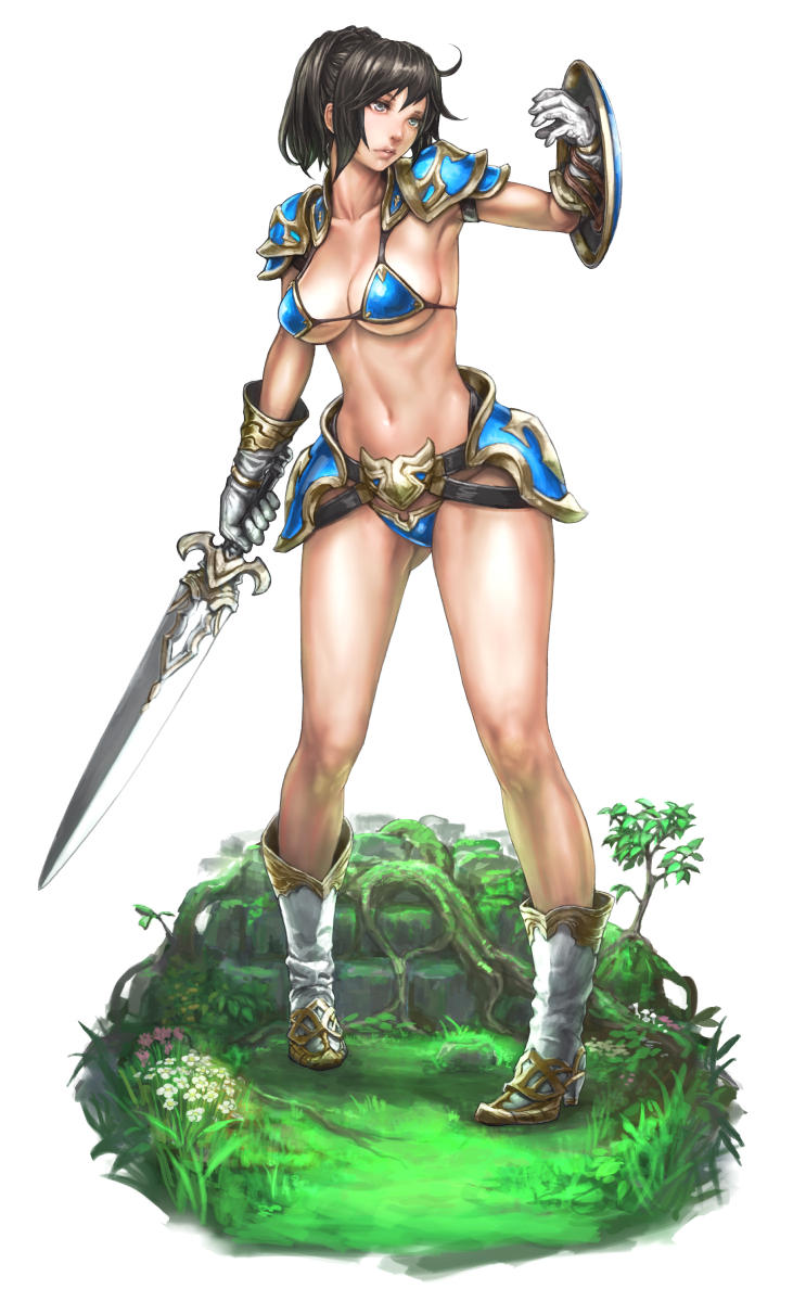 1girl, ahoge, armor, bikini_armor, black_eyes, black_hair, boots, breasts