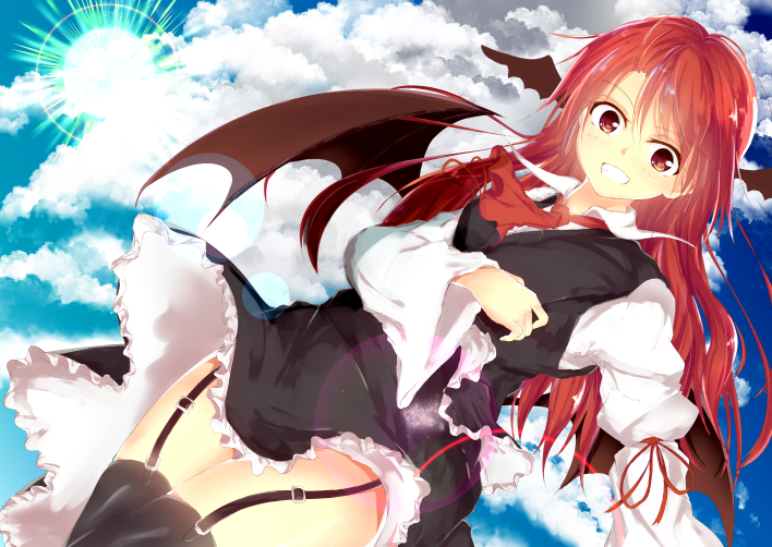 1girl, arm_ribbon, ascot, black_legwear, blue_sky, clouds, demon_girl, demon_wings, garter_belt, grin, head_wings, juliet_sleeves, koakuma, long_hair, long_sleeves, looking_at_viewer, mikage000, puffy_sleeves, red_eyes, redhead, shirt, skirt, skirt_set, sky, smile, solo, sun, thigh-highs, thighs, touhou, upskirt, very_long_hair, vest, wide_sleeves, wings, zettai_ryouiki