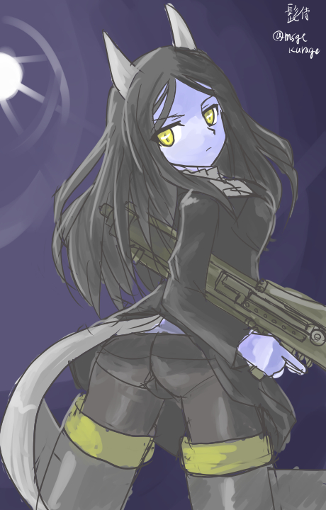1girl, ass, black_hair, black_legwear, constantia_cantacuzino, flying, from_behind, full_moon, gun, holding, holding_gun, long_hair, long_sleeves, looking_back, military, military_uniform, moon, msgtkurage, night, night_sky, pale_skin, panties, panties_under_pantyhose, pantyhose, sky, solo, strike_witches, striker_unit, underwear, uniform, weapon, white_skin, yellow_eyes