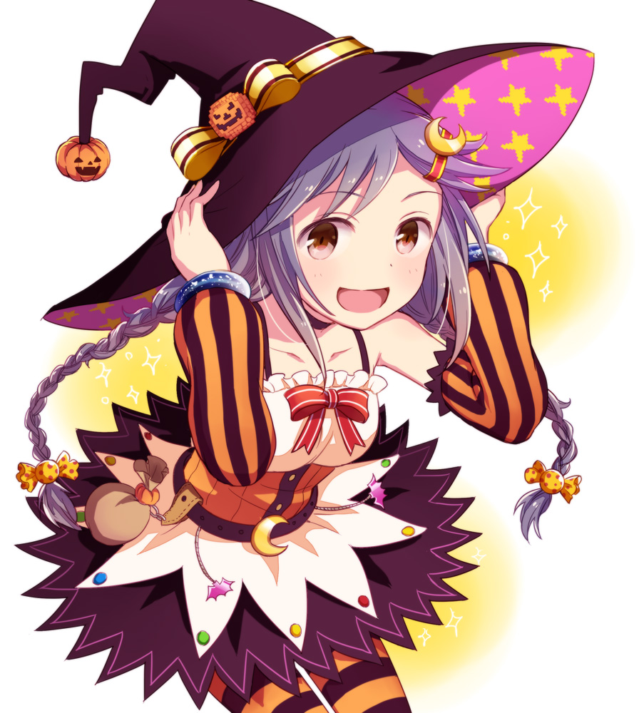 1girl, black_hair, braid, brown_eyes, doseki_udon, hair_ornament, hairclip, halloween