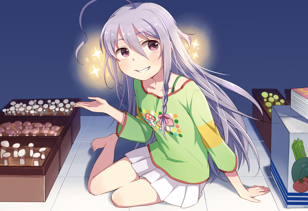 1girl, ahoge, barefoot, bra_strap, braid, doseki_udon, grey_eyes, hoshi_shouko