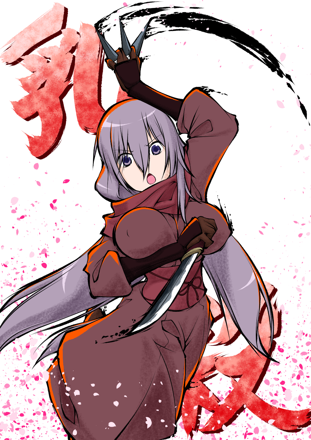 1girl, between_fingers, bouncing_breasts, breasts, dragon_yukano, highres, japanese_clothes, kunai