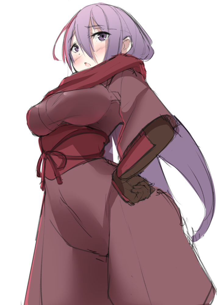 1girl, blush, breasts, dragon_yukano, hand_on_hip, haruhi3, japanese_clothes, large_breasts, long_hair, ninja_slayer, open_mouth, purple_hair, scarf, simple_background, solo, violet_eyes, white_background