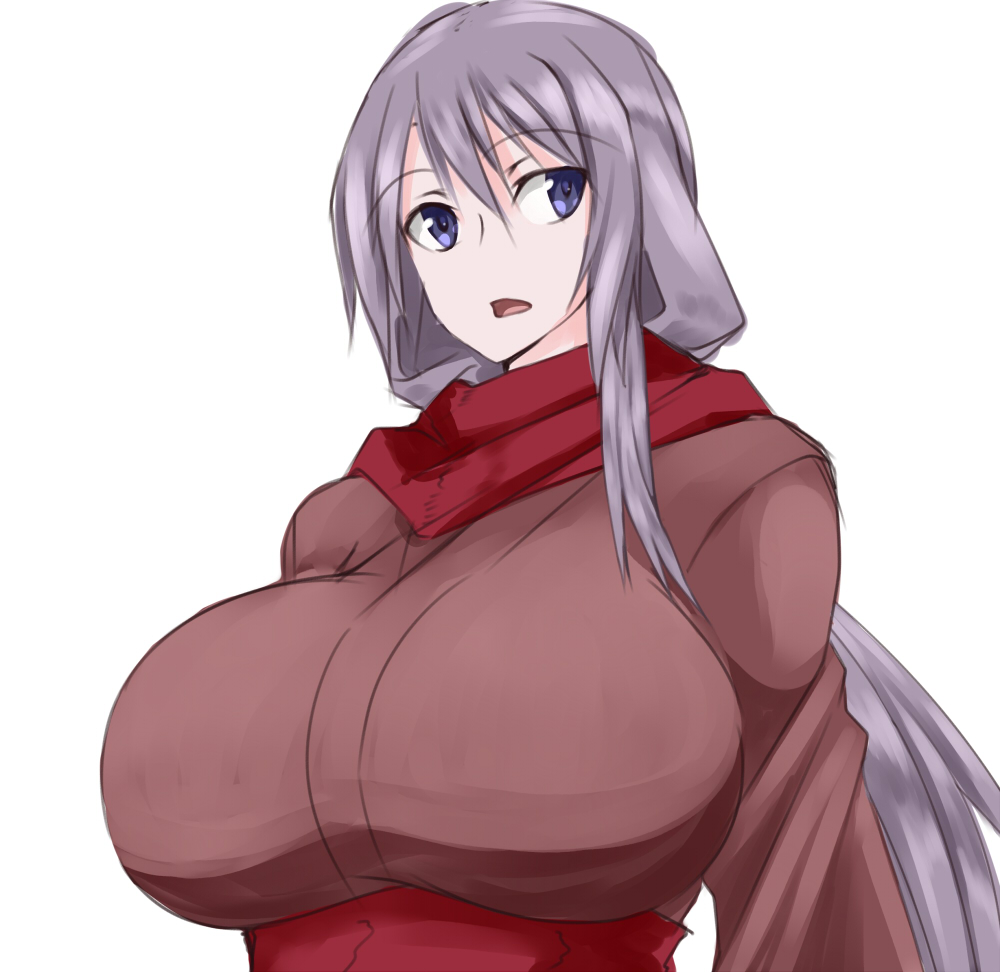 1girl, blue_eyes, breasts, dragon_yukano, huge_breasts, japanese_clothes, long_hair, ninja_slayer, open_mouth, purple_hair, red_scarf, scarf, simple_background, solo, white_background