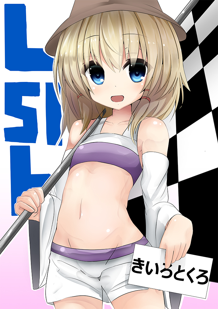 1girl, blonde_hair, blue_eyes, detached_sleeves, flag, hat, kihuzinz, moriya_suwako, open_mouth, racequeen, short_hair, shorts, smile, thigh-highs, touhou, translation_request