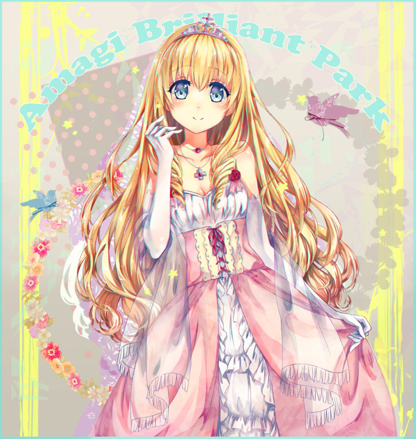1girl, amagi_brilliant_park, blonde_hair, blue_eyes, dress, flower, highres, jewelry