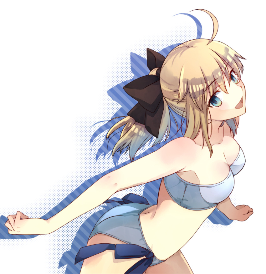 1girl, ahoge, bikini, blonde_hair, bow, fate/stay_night, fate_(series), green_eyes, hair_bow, highres, kanasiinezimakineko, long_hair, looking_at_viewer, open_mouth, ponytail, saber, saber_lily, solo, strapless, swimsuit, tubetop