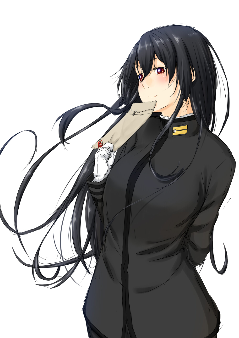 black_hair, female_admiral_(kantai_collection), highres, kantai_collection, long_hair, mail, military, military_uniform