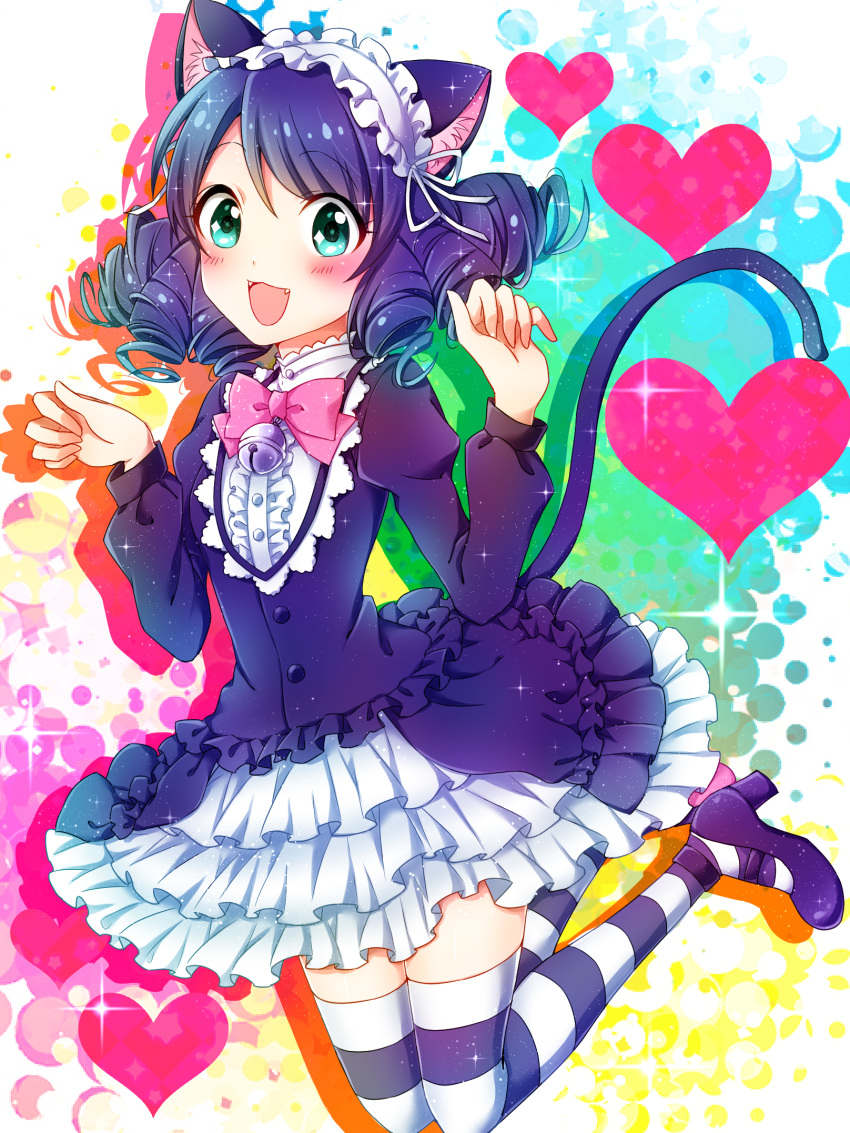 1girl, :d, animal_ears, bell, blue_hair, bowtie, cat_ears, cat_tail